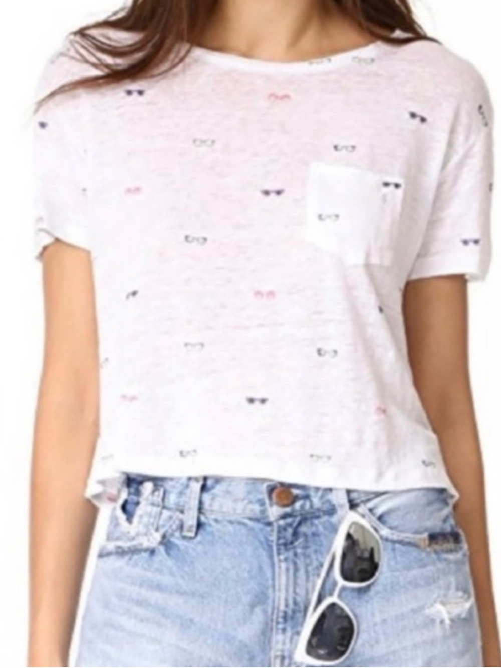 Rails Billie Sunnies White Cropped Linen Blend Pocket Tee Sunglasses Print Sz M